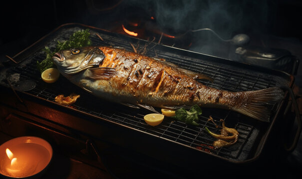 whole fish grill isolated on black