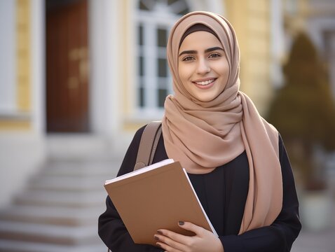 L&auml;chelnde arabische Sch&uuml;lerin mit Hijab steht vor einem Geb&auml;ude und h&auml;lt einen Schulhefter in der Hand