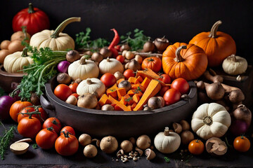 Autumn vegetables cooking preparation . Pumpkin, tomatoes, root vegetables and mushrooms ingredients on dark rustic background