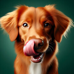 Cute red dog on green background. Pet in the studio, canine fur portrait. ai generative