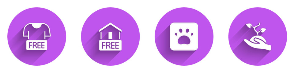 Set Clothes donation, Free home delivery, Paw print and Volunteer team planting trees icon with long shadow. Vector