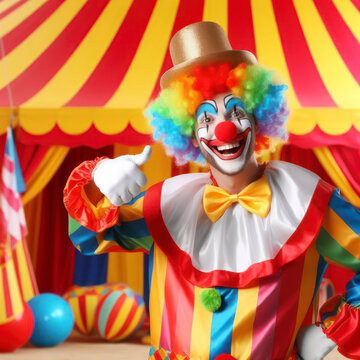 Cheerful clown wearing funny colorful clothes and a hat on a backdrop of circus tent. ai generative