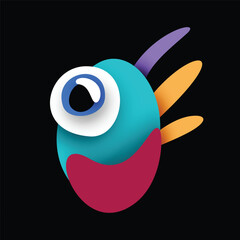 Obraz premium Psyhodelical Print with One-eye Monster with Scary Smile. Surreal Design on Black. Pop Art Cartoon Style with Stains. Single Design Element. Vector 3d Illustration