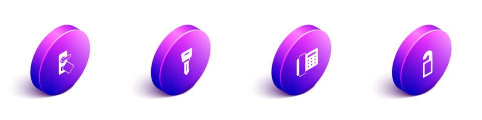 Set Isometric Digital door lock, Hotel key, Telephone handset and Please not disturb icon. Vector