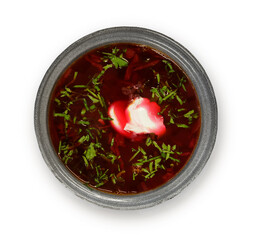red borscht with herbs and sour cream. isolate on white background. High quality photo