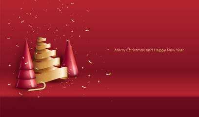 Christmas red background with podium, 3d geometric red and gold trees. Holiday x-mas showroom scene for display present sale product vector.