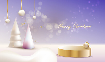 Merry Christmas snow cold studio with cream ball and trees. Holiday violet card with gold podium for display sale or gift product. Winter landscape presentation vector.
