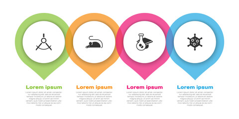 Set Drawing compass, Experimental mouse, Graduation cap and Virus. Business infographic template. Vector