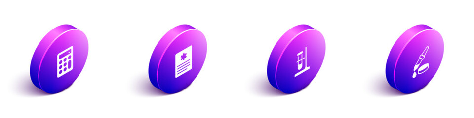 Set Isometric Calculator, Patient record, Test tube flask on stand and Pipette icon. Vector