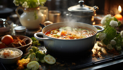 Fresh vegetable soup, cooked with love, served on rustic table generated by AI