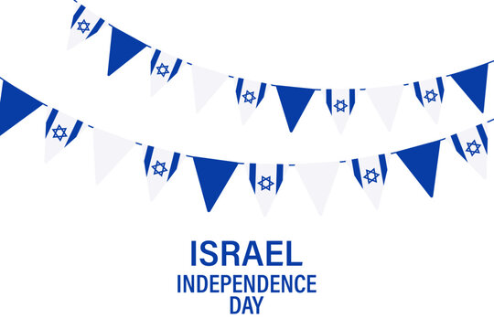 Israel Independence Day. Banner with a garland of blue and white flags and confetti, Israeli flags. Illustration, vector