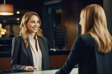 A dedicated executive and hotel manager, a woman of corporate excellence, is seen at the reception desk, providing top-notch service to guests. - Powered by Adobe