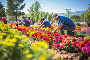 enthusiastic volunteers tending to a lush garden, ensuring that nature's flowers bloom brightly in spring.
