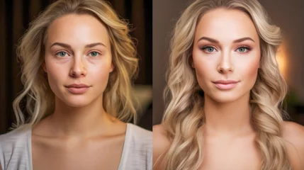 Schilderijen op glas A bridal beauty makeover: before photo captures a lovely natural look, while the after image reveals her radiant and enchanting appearance with makeup, a perfect hairstyle © EdNurg