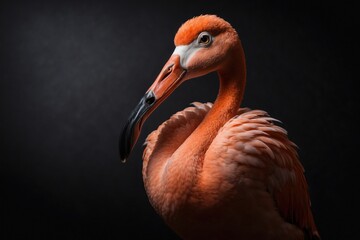 portrait of a flamingo isolated with black background and copy space. ai generative
