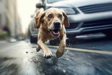 An image of a dog crossing a road, creating a potential danger and accident situation as it moves alongside the fast-moving traffic. - obrazy, fototapety, plakaty