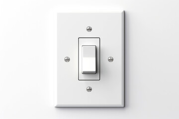 An isolated white plastic switch is pressed to turn off the lights in a room, emphasizing the concept of control and energy management.