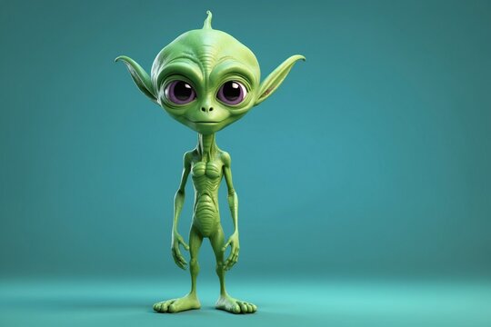 portrait funny alien stand on a green ciclorama background 3D cartoon character. ai generative