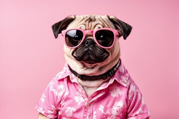 Portrait of cute pug in trendy pink sunglasses and hawaiian shirt isolated on pink background. ai generative - obrazy, fototapety, plakaty