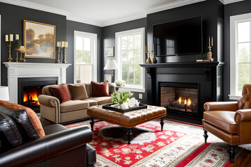 The living room is a traditional and timeless space with classic furniture, a fireplace with a mantle, and rich, dark wood accents throughout the room. Generative AI