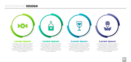 Set Candy, Bottle with love potion, Glass of champagne and Flower rose. Business infographic template. Vector