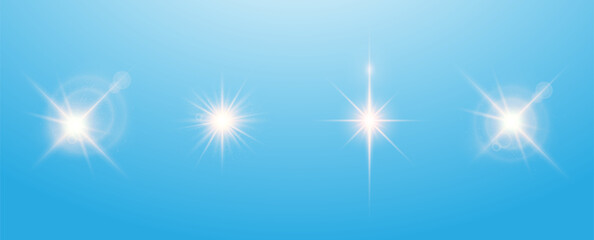 Fototapeta na wymiar Transparent white light effects on a blue background. A collection of various glowing sparks, stars. The effect of glow, radiance, shine. Vector EPS 10.