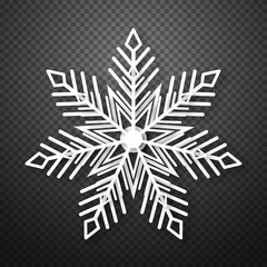 White paper snowflake on a transparent background for winter design. Christmas New Year cards. Frozen silhouette of a snowflake. Vector EPS 10.