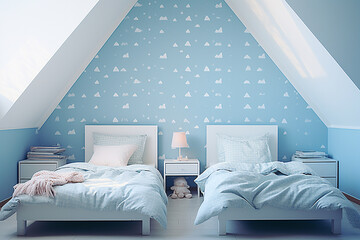 Children's room interior with beds and blue walls,boy's room