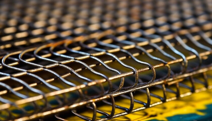 Rusty steel equipment in a row, striped grid pattern design generated by AI