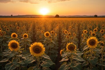 Fototapeta premium Sunflower field at golden hour ideal for summer backgrounds. ai generative
