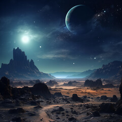 Night sky over desolate planet with moon