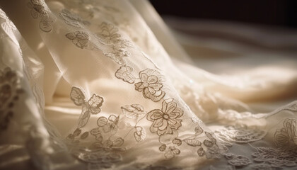 Romantic antique wedding dress with ornate embroidery and satin veil generated by AI