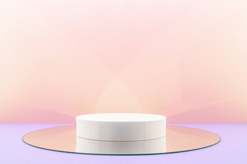 Arrière plan rose et mauve avec présentoir pour des produits avec un rendu 3 D. Plate-forme vide avec podium pour cosmétique, bijoux, maquette ou autres objets.	