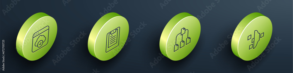 Poster set isometric line cloud technology data transfer, server, data report, folder tree and filter setti