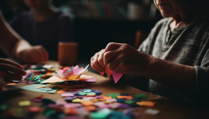 Senior adult enjoys leisure activity, holding colorful craft paper generated by AI