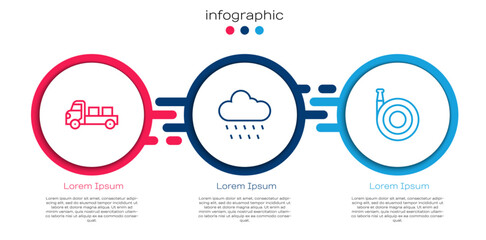 Set line Pickup truck, Cloud with rain and Garden hose. Business infographic template. Vector