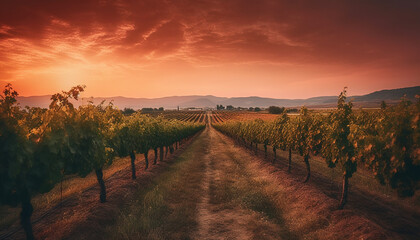 Sunset over the vineyard, a rural scene of winemaking growth generated by AI