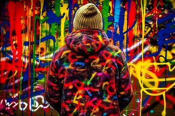 Back view of graffiti painter looking to the wall with his paintings. Street art concept. Neural network AI generated art