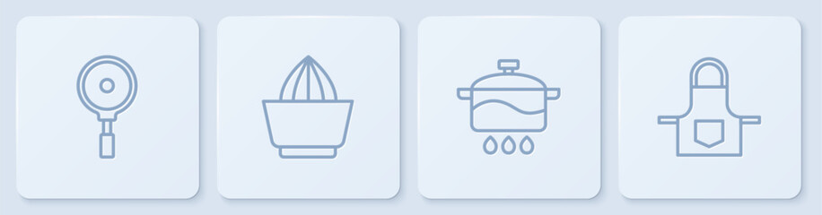 Set line Frying pan, Cooking pot, Citrus fruit juicer and Kitchen apron. White square button. Vector