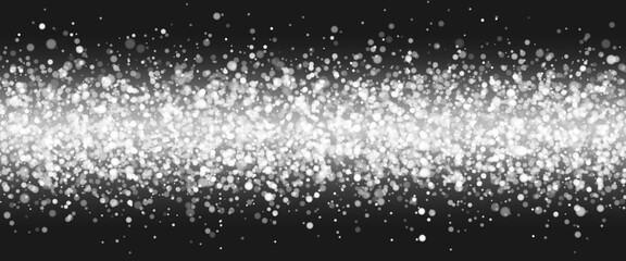 Shimmering, transparent white particles on a black background. The effect of snow, blizzard. Vector illustration.