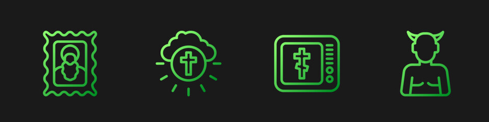 Set line Online church pastor preaching, Christian icon, Religious cross circle and Krampus, heck. Gradient color icons. Vector