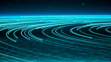 Futuristic vibrant blue color speed light, abstract fast speed moving digital data particle in cyberspace, highspeed dynamic neon light trail curve motion effects 3d rendering