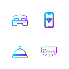 Set line Air conditioner, Covered with tray of food, Hotel room bed and Mobile wi-fi wireless. Gradient color icons. Vector