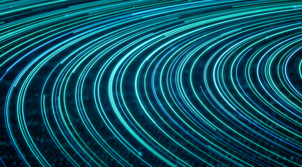 Futuristic vibrant blue color speed light, abstract fast speed moving digital data particle in cyberspace, highspeed dynamic neon light trail curve motion effects 3d rendering