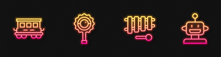 Set line Xylophone, Passenger train cars toy, Rattle baby and Robot. Glowing neon icon. Vector
