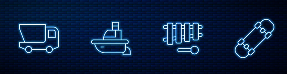 Set line Xylophone, Toy truck, boat and Skateboard. Glowing neon icon on brick wall. Vector