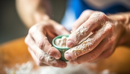 Mid adult kneading dough, preparing food in domestic kitchen generated by AI