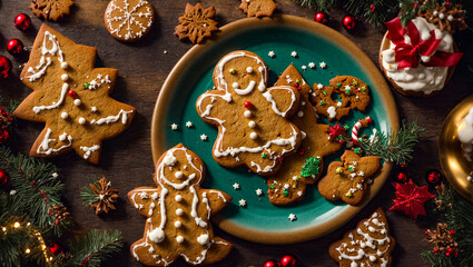 Delicious Christmas gingerbread in a plate, Christmas tree branch