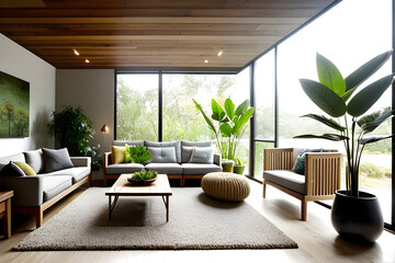 The living room is a nature-inspired space with earthy tones, a large indoor plant, and natural wood furniture, creating a tranquil and organic ambiance. Generative AI