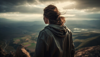 One young woman standing on mountain peak, looking at view generated by AI